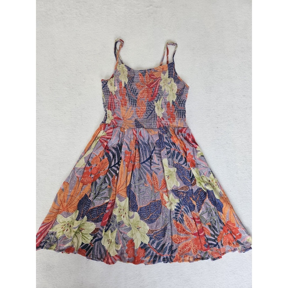 Angie Tropical Floral Smocked Mini Dress Small‎ Purple Orange Strappy Sun Dress